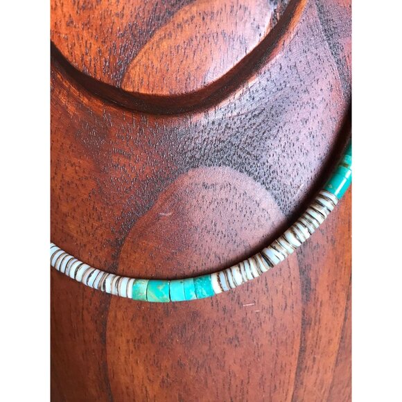 Vtg Heishi Necklace Shell Disc & Turquoise Beads With Sterling Silver - Picture 2 of 9